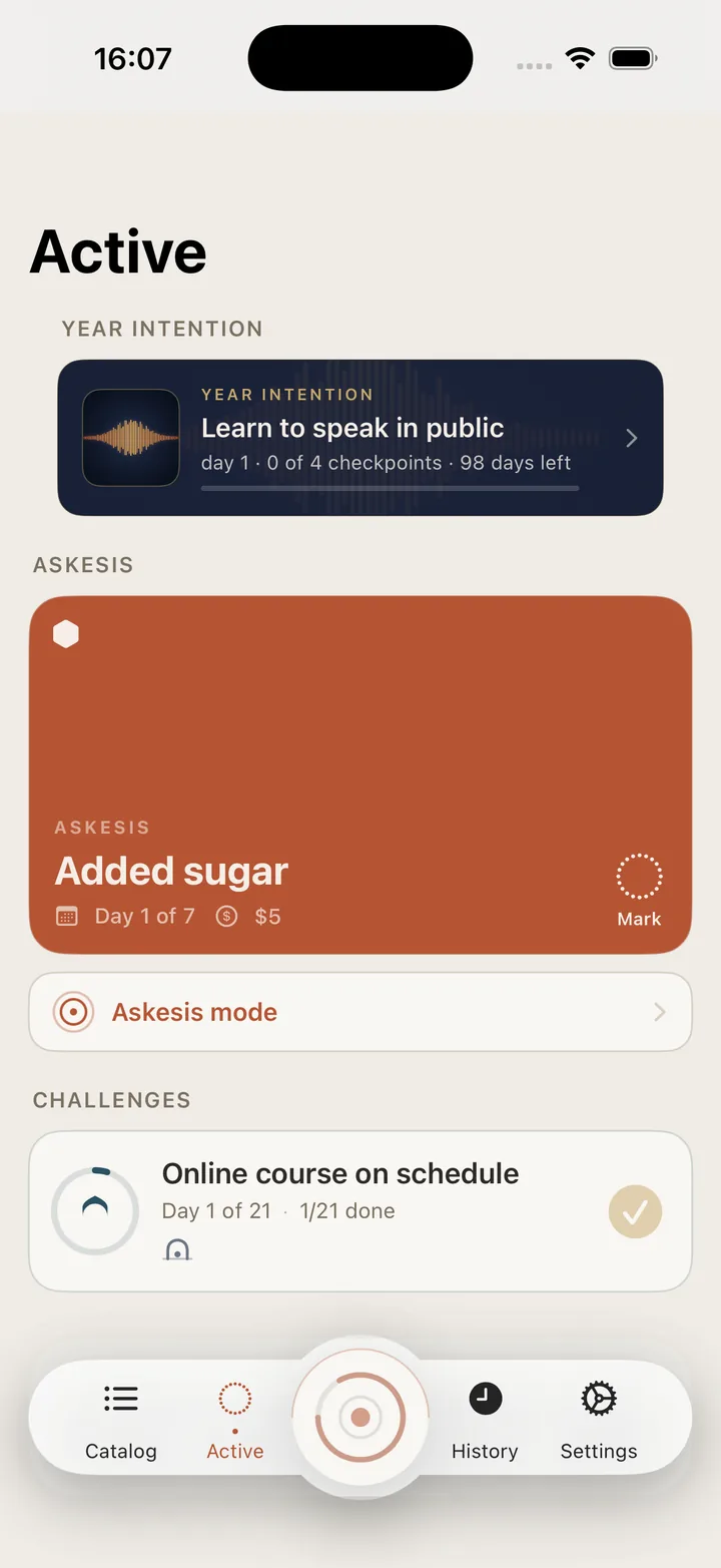 Vow: the Active screen with a Year Intention, an askesis and a challenge