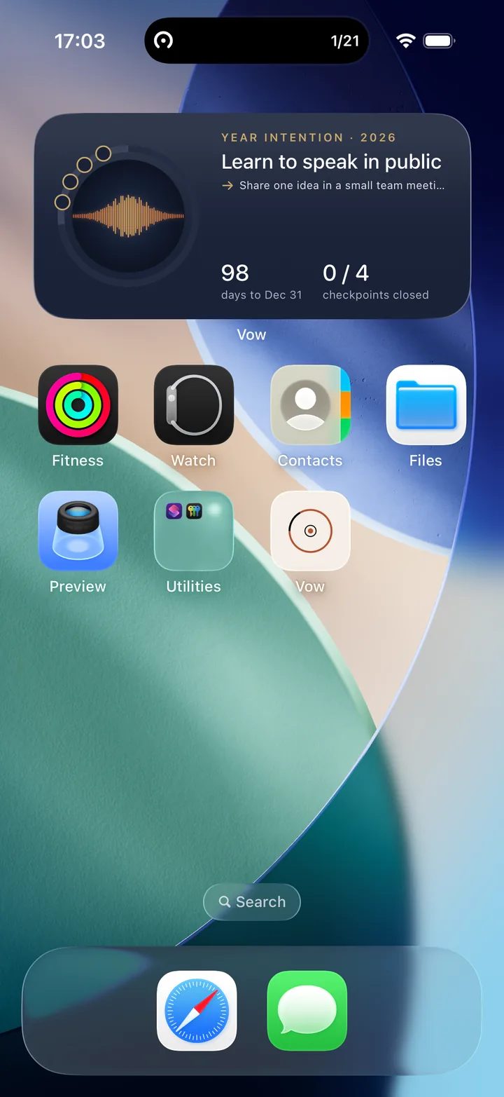 The Year Intention widget on the Home Screen