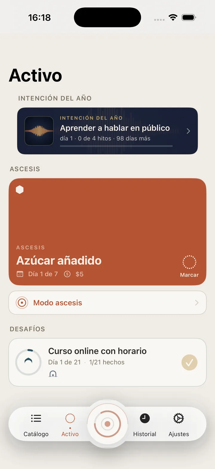 Vow: la pantalla Activo con una Intención del año, una ascesis y un desafío
