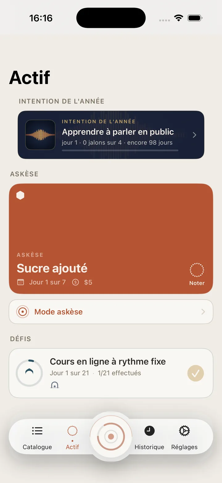 Vow : l’écran Actif avec une Intention de l’année, une ascèse et un défi